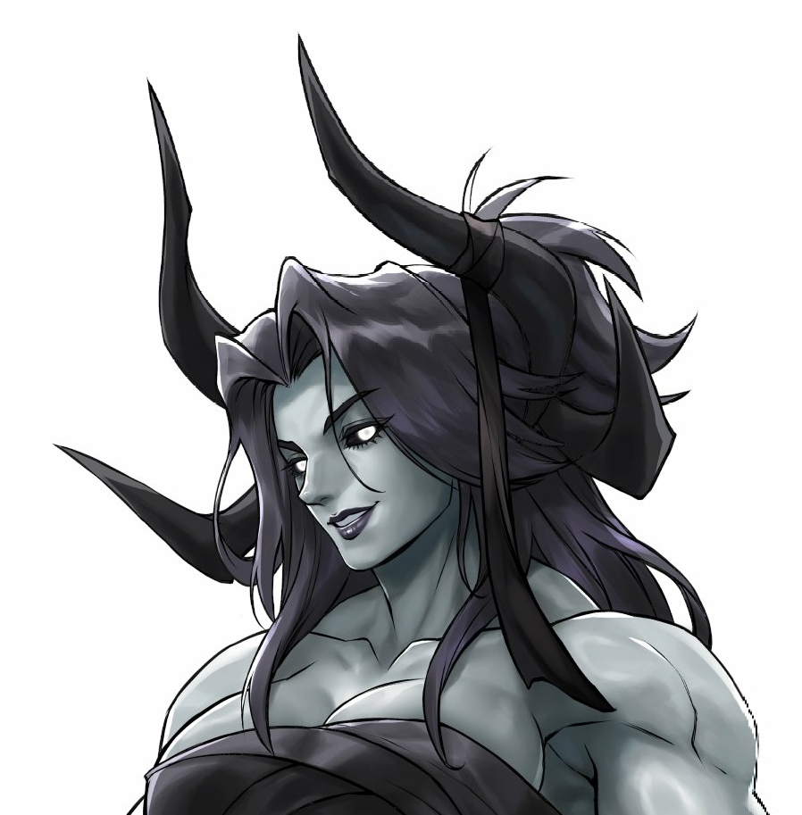 ash_(ripasher), black_hair, black_lips, breasts, colored_sclera, demon_girl, demon_horns, eyelashes, grey_skin, horns, jamrolypoly, large_breasts, lips, long_hair, muscular_female, original, parted_bangs, portrait, shiny_hair, smile, tubetop, white_eyes