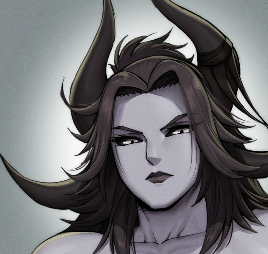 ash_(ripasher), black_hair, black_lips, black_sclera, demon_girl, demon_horns, gradient_background, grey_skin, lips, long_hair, nose, original, portrait, speedl00ver