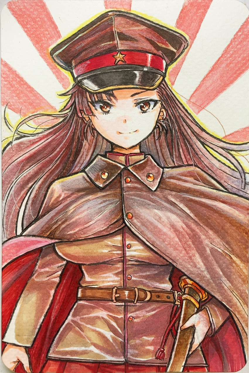 belt, brown_belt, brown_cape, brown_hair, brown_jacket, buttons, cape, closed_mouth