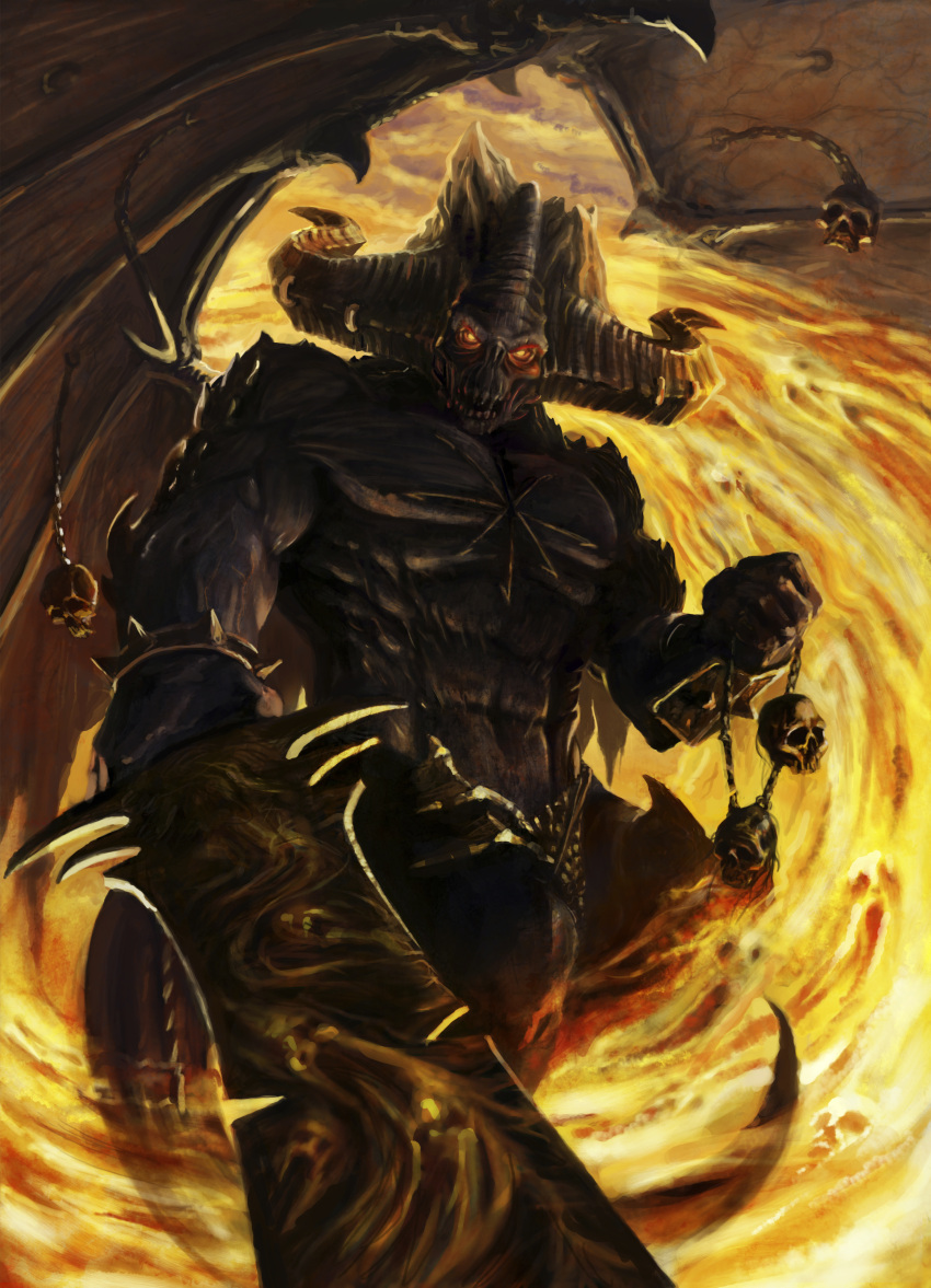 1boy, absurdres, be'lakor, black_skin, body_markings, catherine-oc, chain, chaos_(warhammer), colored_skin, commentary, demon, demon_horns, demon_tail, demon_wings, english_commentary, fire, glowing, glowing_eyes, greatsword, highres, horns, monster, red_eyes, skull, solo, sword, tail, teeth, warhammer_40k, weapon, wings