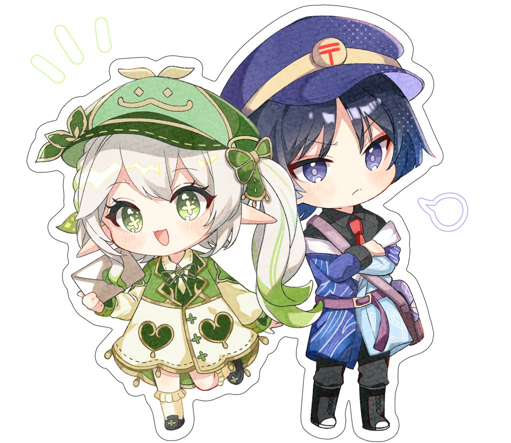 1boy, 1girl, acrylic_stand, alternate_costume, aranara_(genshin_impact), arm_at_side, bag, belt