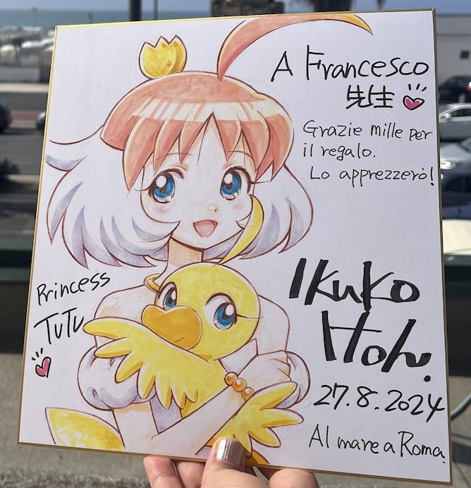 1girl, ahiru_(duck)_(princess_tutu), ahiru_(princess_tutu), ahoge, animal, bare_shoulders, bead_bracelet, beads, bird, blue_eyes, bracelet, character_name, copyright_name, cropped, dated, duck, heart, holding, holding_animal, itou_ikuko, jewelry, light_blush, long_eyelashes, looking_to_the_side, marker_(medium), multicolored_hair, necklace, official_art, open_mouth, pink_hair, princess_tutu, princess_tutu_(character), smile, third-party_edit, traditional_media, translation_request, two-tone_hair