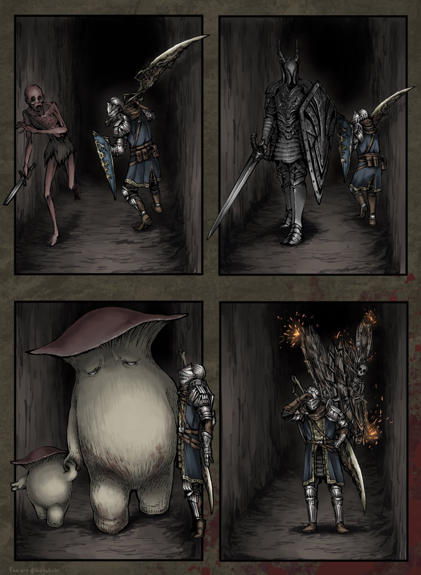 ambiguous_gender, armor, black_armor, black_knight_(dark_souls), blood, boots, broken, broken_sword, broken_weapon, chosen_undead, commentary_request, dark_souls_(series), dark_souls_i, fake_horns, full_armor, gauntlets, height_difference, helmet, highres, holding, holding_hands, holding_shield, holding_sword, holding_weapon, hollow_(dark_souls), horned_helmet, horns, knight, mushroom, mushroom_child, mushroom_parent, nagekichi, over_shoulder, shield, skeleton, skull, sword, sword_over_shoulder, unsheathed, weapon, weapon_over_shoulder
