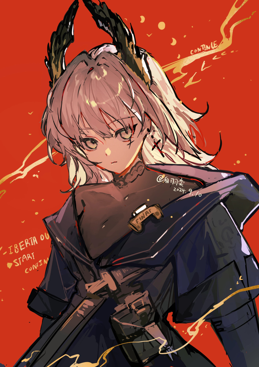 1girl, absurdres, arknights, baiyuyi, black_shirt, blue_dress, cross, cross_earrings