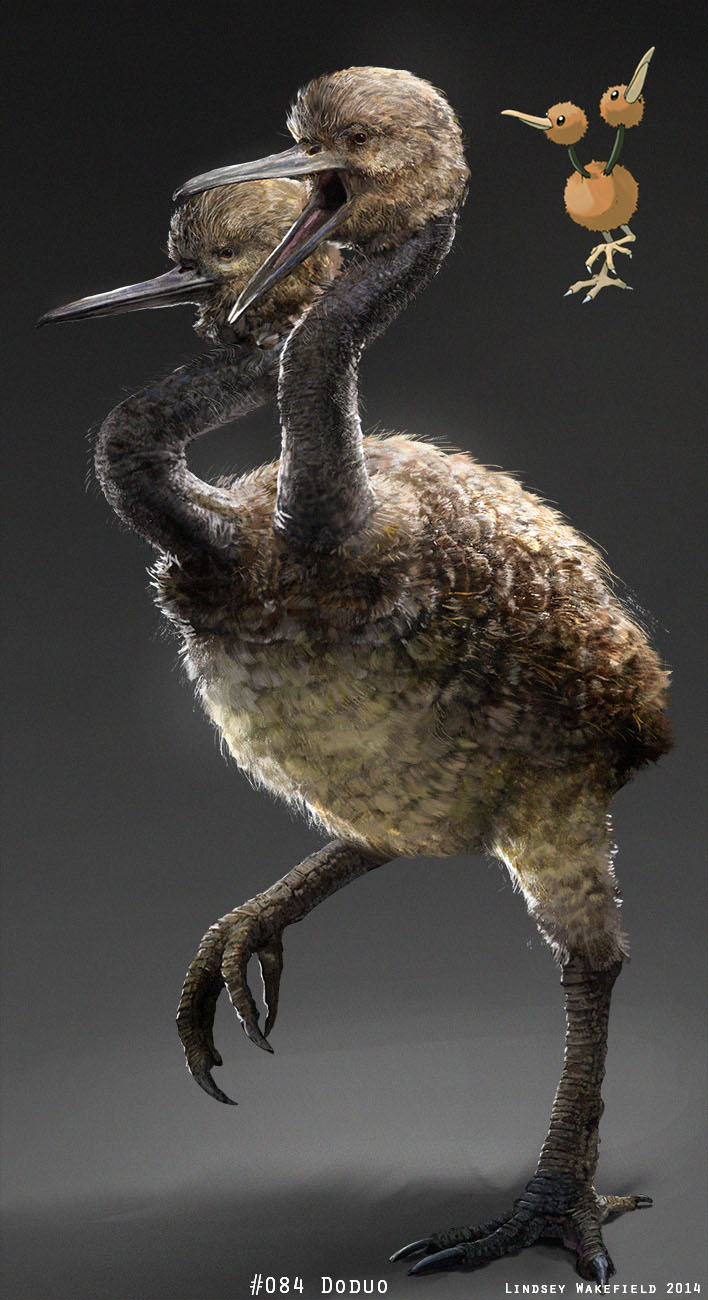 animal_focus, artist_name, bird, brown_eyes, character_name, closed_mouth, commentary, dated, dodo_(bird), doduo, english_commentary, foot_up, from_side, full_body, gradient_background, highres, lindseywart, looking_at_viewer, multiple_heads, no_humans, open_mouth, pokedex_number, pokemon, pokemon_(creature), realified, realistic, red_eyes, solo, standing, standing_on_one_leg, two-headed_bird