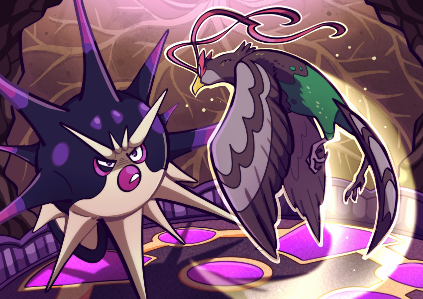 animal_focus, arena, art_rpg, bird, commentary, english_commentary, flying, full_body, fushigiseeds, gilbert_(fushigiseeds), highres, indoors, light_trail, looking_at_another, no_humans, overqwil, pheasant, pokemon, pokemon_(creature), pokemon_battle, pokemon_move, sky_attack_(pokemon), swooping, unfezant, unfezant_(male), violet_eyes