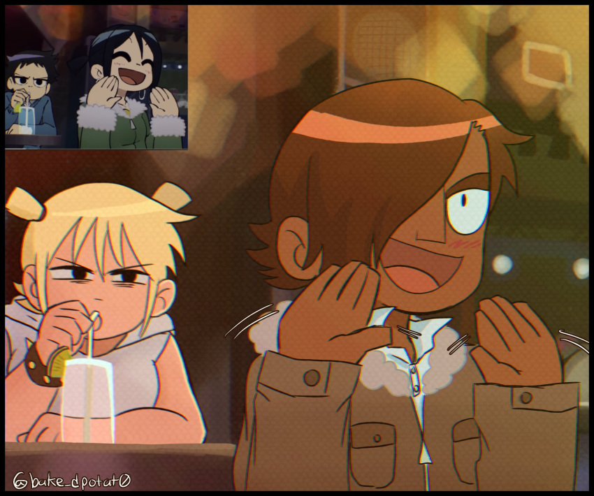 1boy, 1girl, :d, alternate_universe, blonde_hair, blush, brown_hair, commentary