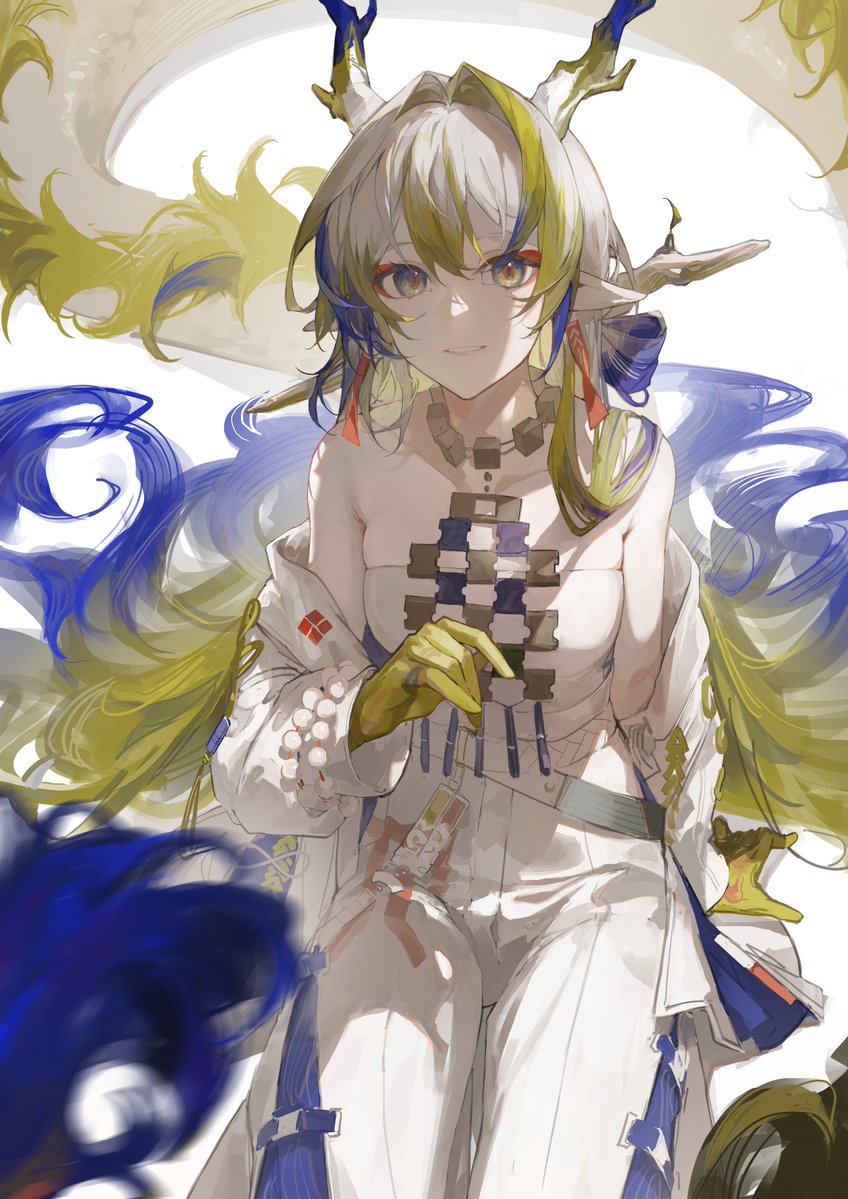 1girl, arknights, blonde_hair, blue_hair, blue_horns, colored_extremities, dragon_girl, dragon_horns