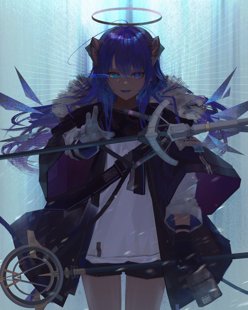 1girl, absurdres, arknights, black_halo, black_jacket, black_shorts, blue_eyes, blue_tongue