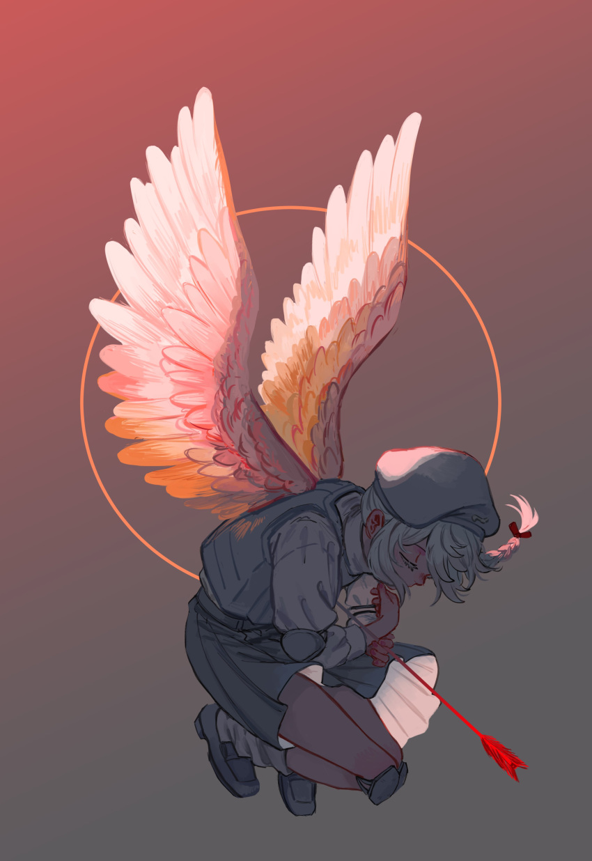 1girl, absurdres, ammunition_belt, angel_wings, arrow_(projectile), arrow_in_body, belt, beret, blue_belt, blue_jacket, bow, bowtie, braid, bulletproof_vest, closed_eyes, cupid, elbow_brace, grey_background, grey_footwear, grey_skirt, hair_between_eyes, hair_tie, hat, highres, iciriini, jacket, kanna_(love-bullet), knee_pads, long_sleeves, love-bullet, medium_hair, red_arrow, red_bow, red_bowtie, shirt, side_braid, skirt, socks, squatting, white_eyelashes, white_hair, white_shirt, white_socks, wings
