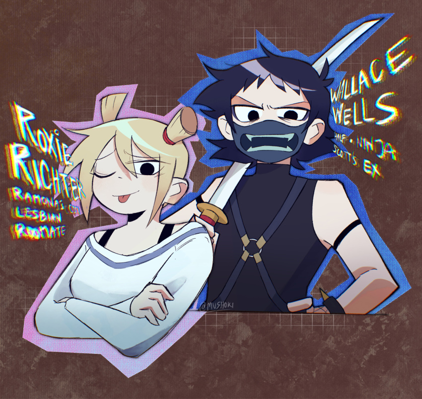 1boy, 1girl, ahoge, alternate_universe, black_eyes, black_hair, black_shirt, blonde_hair