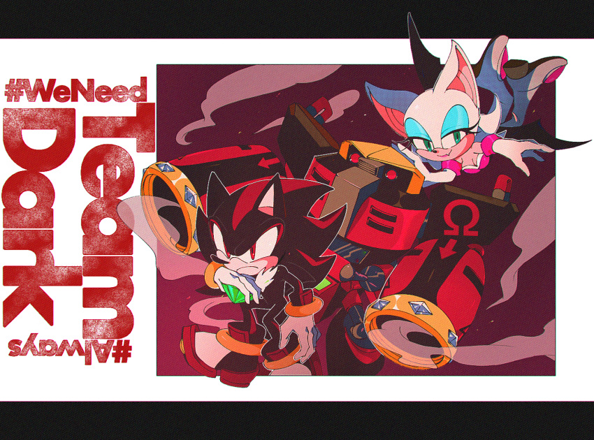 1girl, 6v6_1212, animal_ears, arm_cannon, bat_ears, bat_wings, blue_eyeshadow, chaos_emerald, e-123_omega, eyeshadow, furry, furry_female, furry_male, gem, gloves, green_eyes, holding, holding_gem, letterboxed, makeup, mechanical_arms, red_eyes, robot, rouge_the_bat, shadow_the_hedgehog, sonic_(series), weapon, white_gloves, wings