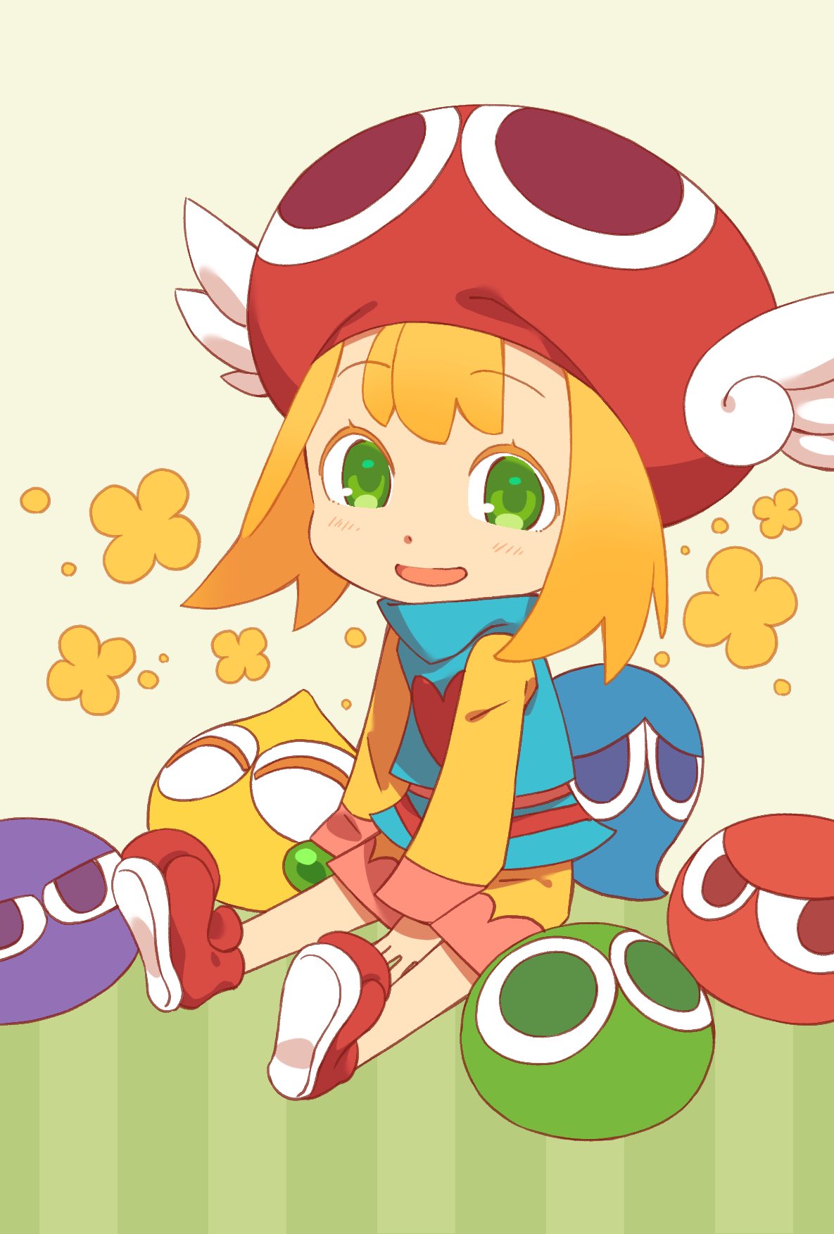 15daifuku820, 1girl, aged_down, amitie_(puyopuyo), arm_at_side, between_legs, blonde_hair, blue_shirt, child, double-parted_bangs, flower_(symbol), full_body, green_background, green_eyes, hand_between_legs, hands_on_floor, happy, hat, heart, heart_print, highres, light_smile, long_sleeves, looking_at_viewer, mini_amitie, official_alternate_costume, on_floor, parted_lips, pink_shorts, print_shirt, puyo_(puyopuyo), puyopuyo, puyopuyo_7, red_footwear, red_hat, shirt, shoe_soles, shorts, sidelocks, simple_background, sitting, solo, three_quarter_view, two-tone_background, two-tone_shorts, winged_hat, yellow_background, yellow_shorts, yellow_sleeves