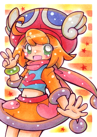 1girl, :d, ahoge, amitie_(puyopuyo), arm_at_side, blue_shirt, blush, border, cowboy_shot, crop_top, dot_nose, flipped_hair, fur-trimmed_skirt, fur-trimmed_sleeves, fur_trim, green_wristband, hand_up, happy, hat, heart, heart_print, hurin1192, legs_together, looking_at_viewer, medium_hair, mega_amitie, midriff, navel, no_pupils, official_alternate_costume, open_hand, open_mouth, orange_background, orange_hair, outline, outside_border, pink_scarf, pom_pom_(clothes), print_shirt, puyopuyo, puyopuyo_7, red_hat, scarf, shirt, side_ahoge, skirt, sleeves_past_elbows, smile, solo, sparkle, split_mouth, standing, starry_background, striped_background, swept_bangs, three_quarter_view, traditional_media, two-tone_background, v, w, white_border, white_outline, winged_hat, wristband, yellow_background, yellow_skirt, yellow_sleeves