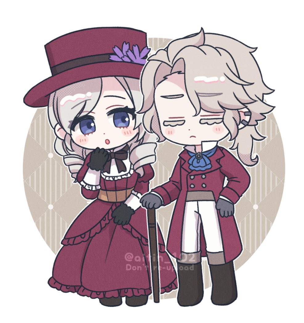 1boy, 1girl, :o, aitin_102, ascot, belt, black_bow, black_footwear, black_gloves, blue_ascot, blue_eyes, blush, boots, border, bow, bowtie, brown_background, brown_belt, buttons, cane, closed_eyes, closed_mouth, coat, colored_eyelashes, commentary, cousins, double-breasted, dress, drill_hair, drill_sidelocks, ear_piercing, flower, frederick_kreiburg, frilled_dress, frills, frown, full_body, gloves, grey_gloves, grey_hair, hand_on_own_hip, hand_up, hat, hat_flower, holding, holding_cane, identity_v, juliet_sleeves, long_hair, long_sleeves, looking_at_another, mary_(identity_v), outside_border, pants, piercing, ponytail, prototype_design, puffy_sleeves, purple_flower, red_coat, red_dress, red_hat, round_image, sidelocks, simple_background, twin_drills, white_border, white_pants