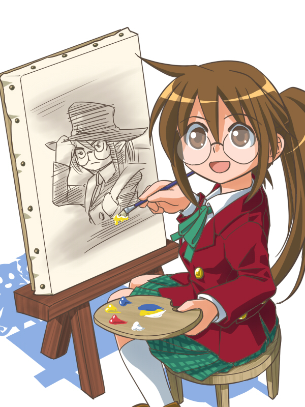 crossover, easel, ga_geijutsuka_art_design_class, glasses, hat, hitsugi_katsugi_no_kuro, iijima_takatoshi, iijimatakatoshi, kuro_(hitsugi_katsugi_no_kuro), nijuku, nikuju, open_mouth, paint, paintbrush, ponytail, sanju, school_uniform, shadow, skirt, smile, when_you_see_it, yamaguchi_kisaragi