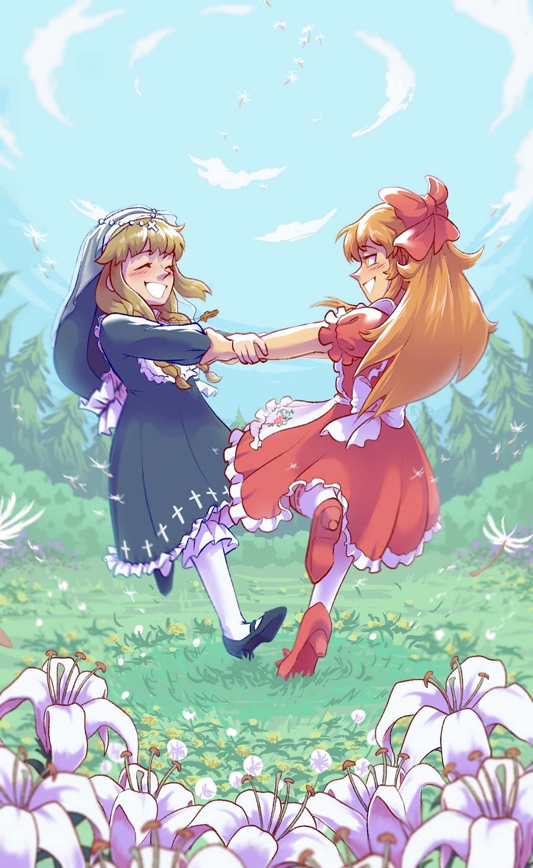 2girls, apron, bow, cross, diana_sora, elise_liedl, flower, hair_bow