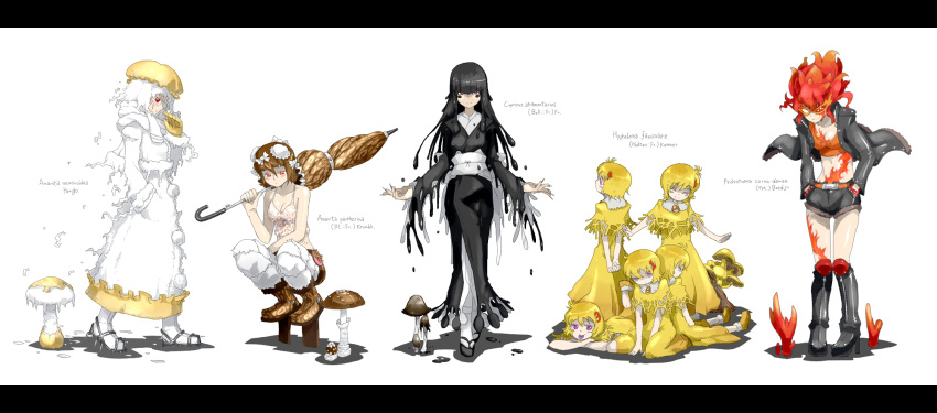 6+girls, :p, albino, amanita_neoovoidea, amanita_pantherina, arms_behind_back, back-to-back, bare_shoulders, black_hair, blonde_hair, bodypaint, boots, bow, brown_hair, closed_eyes, coat, coprinus_atramentarius, crop_top, eyes_closed, facial_mark, fire, geta, glasses, gloves, hair_bow, hands_in_pockets, hat, high_heels, highres, hypholoma_fasciculare, jacket, japanese_clothes, kaen, kimono, letterboxed, lineup, long_hair, long_image, lying, multiple_girls, mushroom, on_stomach, original, oso, oso_(toolate), pants, personification, pink_eyes, podostroma_cornu-damae, red_eyes, red_hair, redhead, sandals, scarf, shoes, shorts, sitting, slime, smile, spiked_hair, spiky_hair, squatting, tabi, tank_top, tengu-geta, tongue, umbrella, white_hair, wide_image