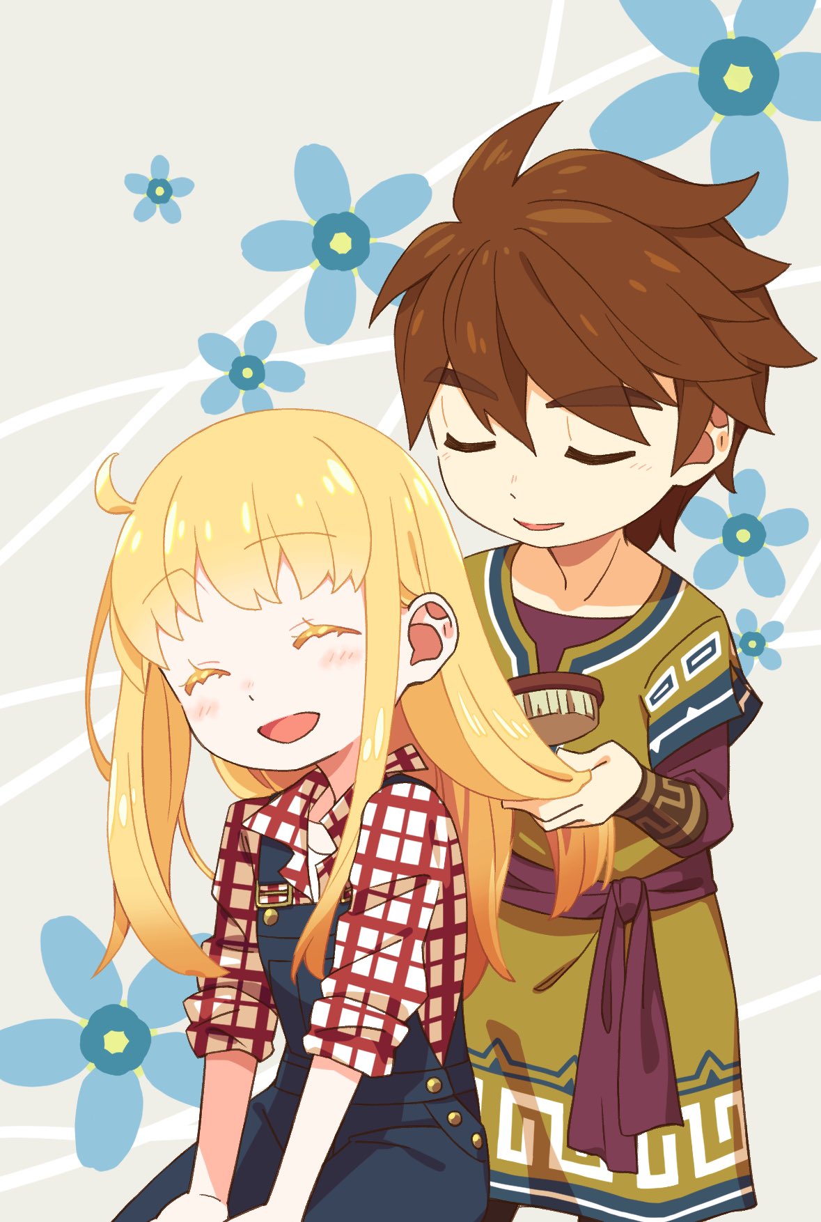 15daifuku820, 1boy, 1girl, ^_^, ahoge, antenna_hair, behind_another, blonde_hair