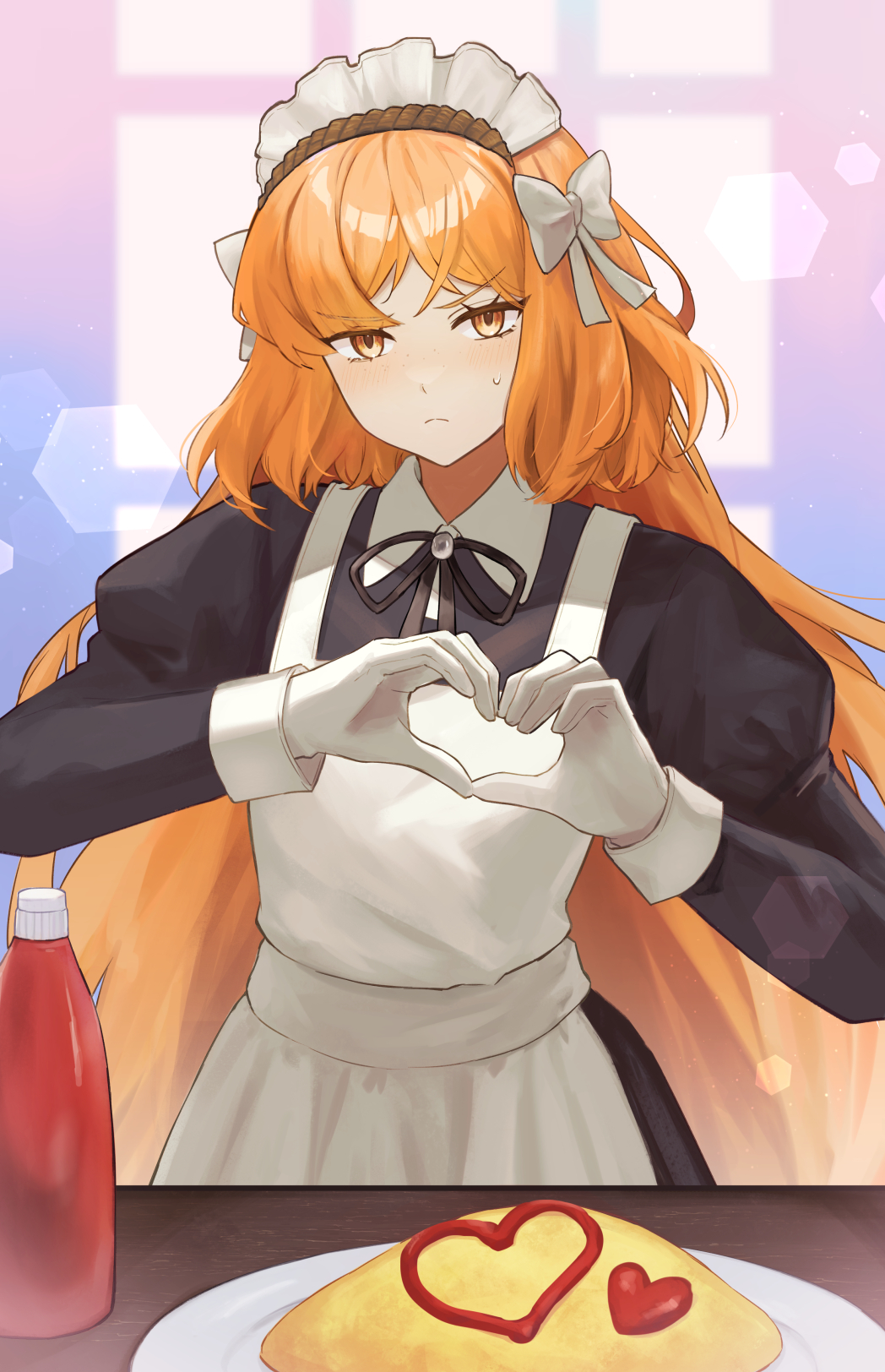 1girl, apron, black_dress, black_ribbon, blush, brown_hairband, closed_mouth, dress
