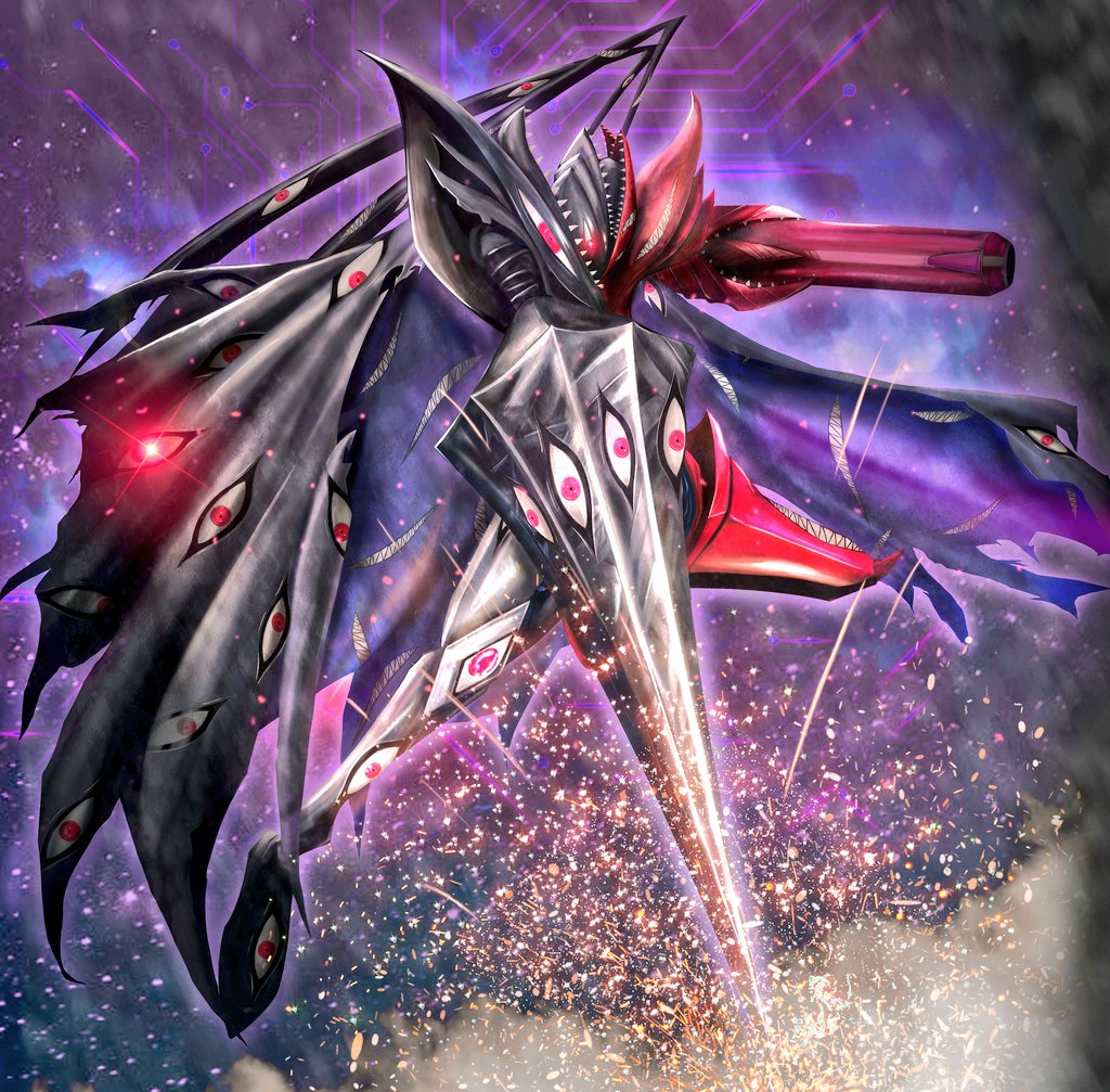 abbadomon, abbadomon_core, arm_blade, arm_cannon, black_cape, black_skin, cape, colored_skin, digimon, digimon_(creature), extra_eyes, extra_mouth, glowing, glowing_eyes, joker_ko1118, multicolored_skin, polearm, red_eyes, red_skin, sharp_teeth, solo, spear, teeth, two-tone_skin, weapon