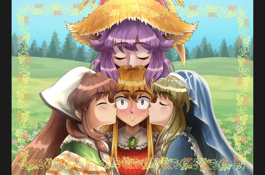 4girls, blush, brown_eyes, brown_hair, diana_sora, elise_liedl, freya_(little_goody_two_shoes), green_brooch