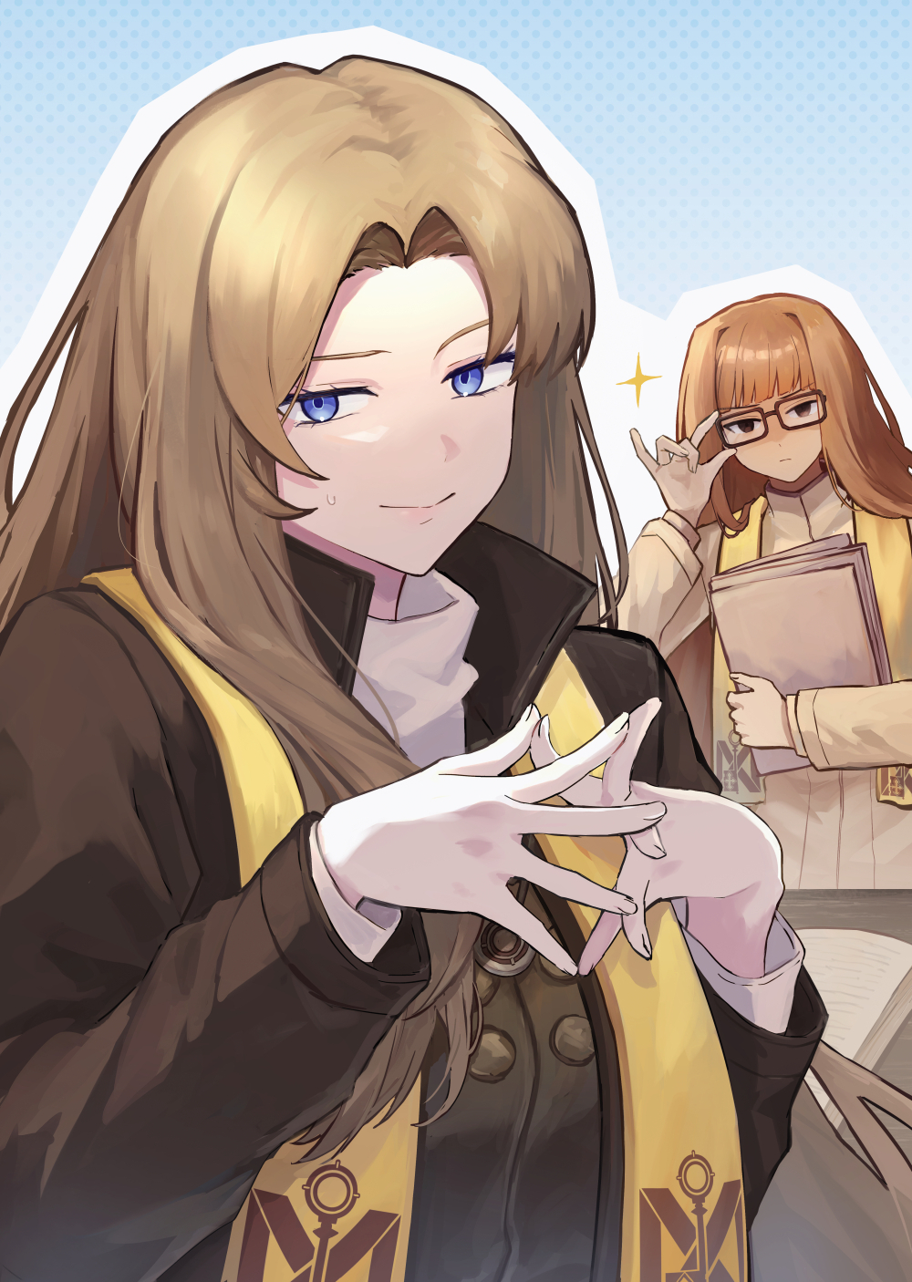 2girls, adjusting_eyewear, black_coat, blue_eyes, brown_eyes, brown_hair, buttons, closed_mouth