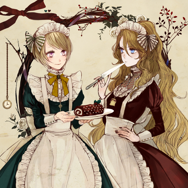 apron, blonde_hair, blue_eyes, bow, branch, clock, flower, hair_bow