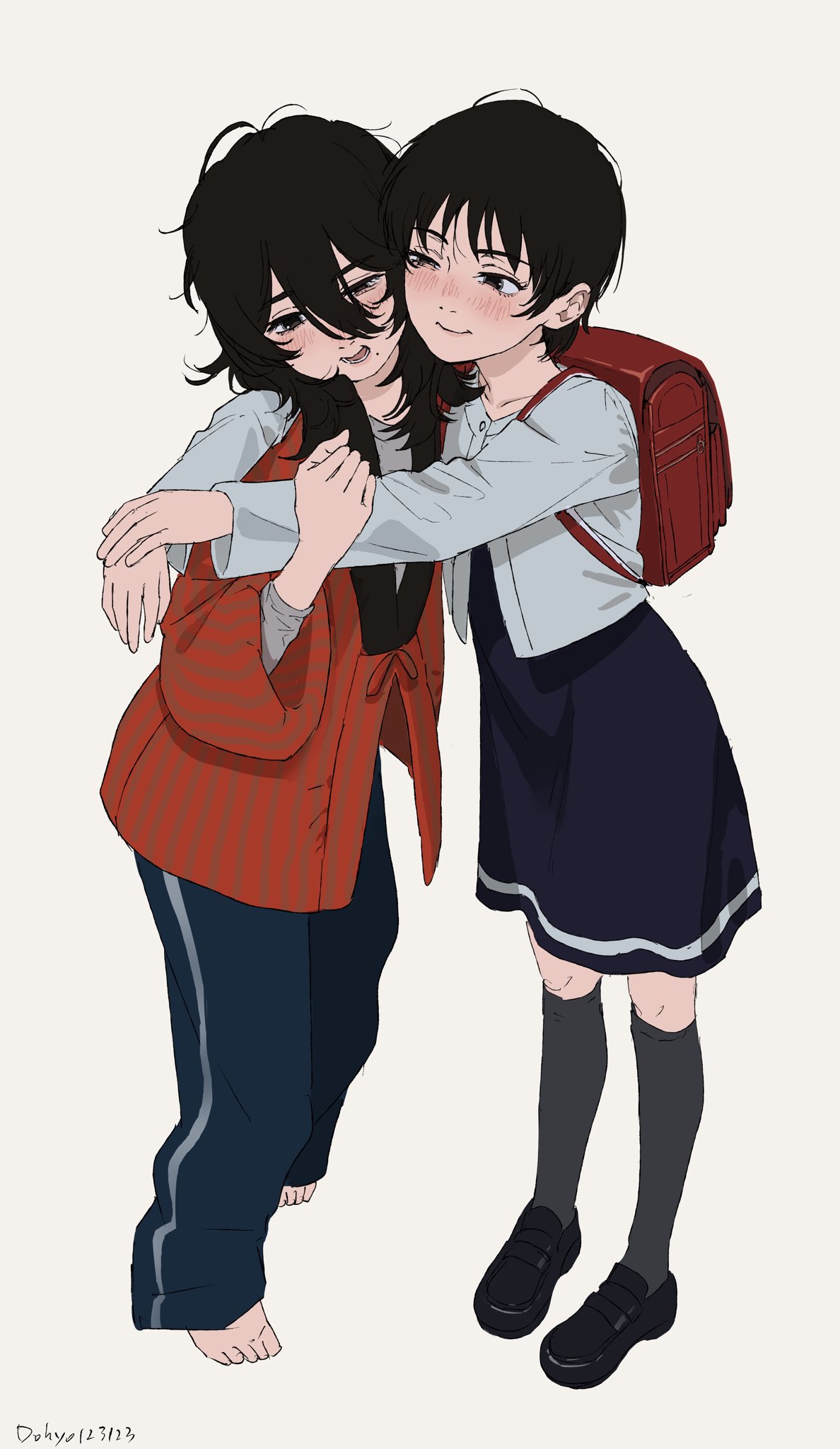 2girls, artist_name, backpack, bag, barefoot, black_dress, black_eyes, black_hair