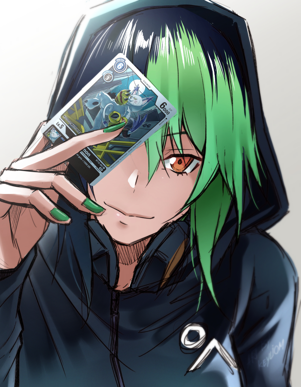 1girl, betsumon, black_hair, black_jacket, brown_eyes, card, digimon, digimon_card_game