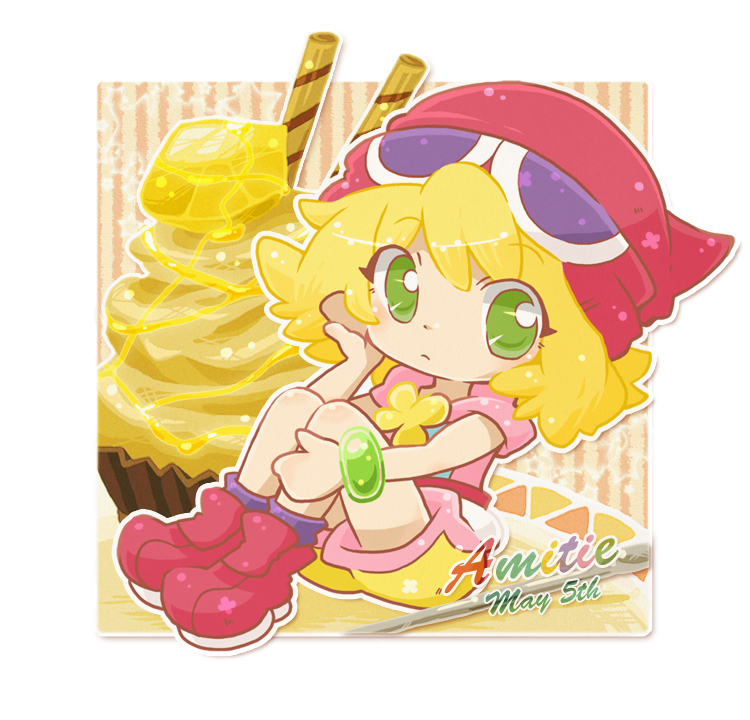 1girl, amitie_(puyopuyo), bad_hands, birthday, blonde_hair, border, brown_background, character_name