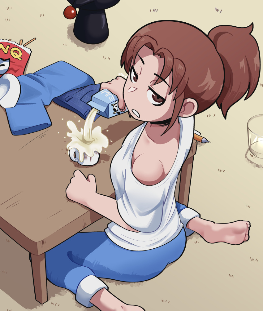 1girl, absurdres, bare_shoulders, barefoot, black_choker, blue_pants, brown_eyes, brown_hair