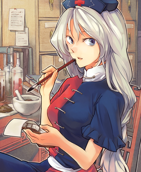 brush, face, hands, hat, long_hair, mortar, nakatani, notepad