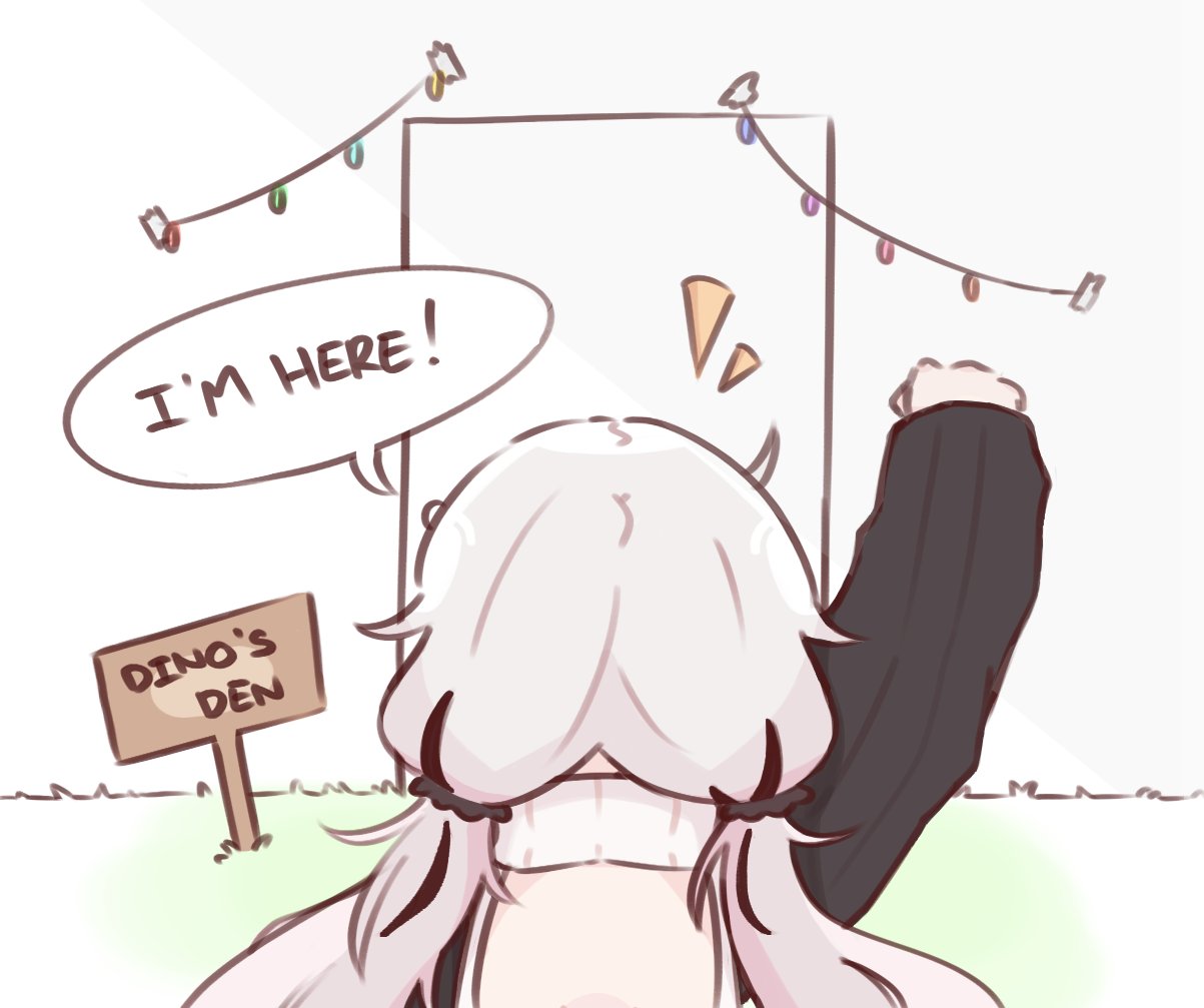 1girl, arm_up, artist_self-insert, backless_outfit, black_hair, chonkyorca, clenched_hand, commentary