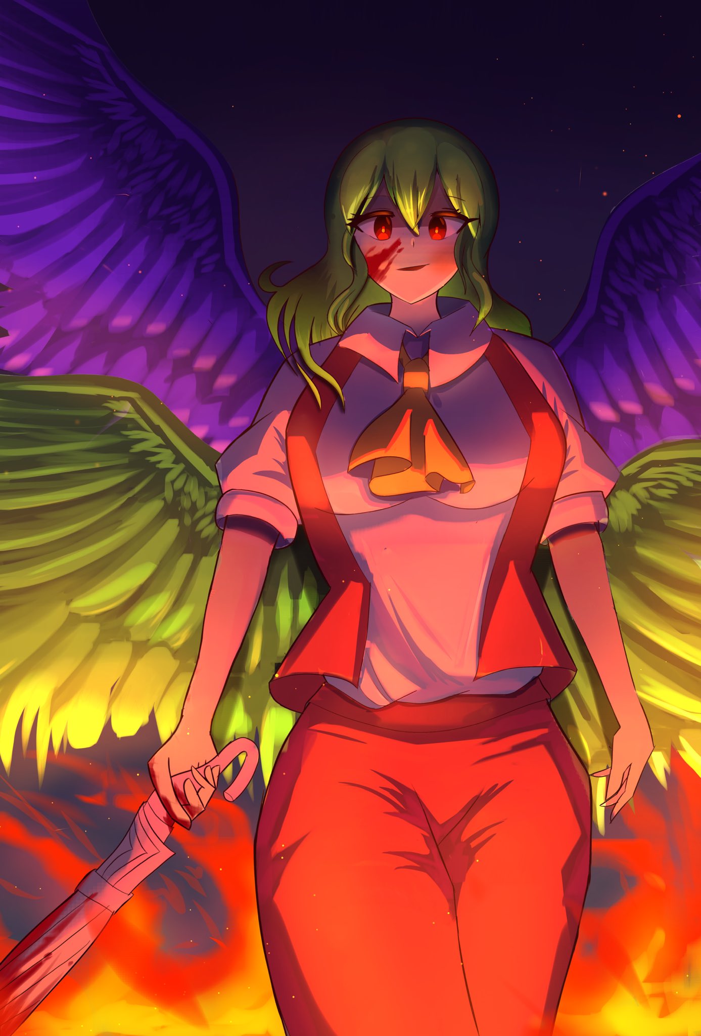 ascot, blood, blood_on_face, feathered_wings, feet_out_of_frame, fire, green_hair, highres, holding, holding_umbrella, kazami_yuuka, kazami_yuuka_(pc-98), kirbyearthbound, long_hair, looking_at_viewer, multiple_wings, pants, pink_umbrella, red_eyes, red_pants, seihou, shirt, short_sleeves, standing, touhou, touhou_(pc-98), umbrella, white_shirt, wings, yellow_ascot