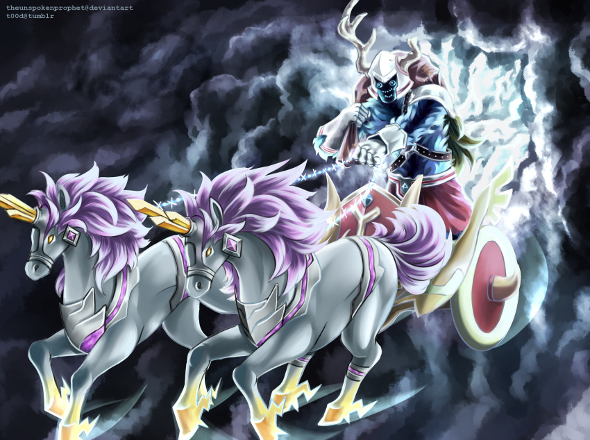 1boy, armor, chariot, chariot_master, clouds, cloudy_sky, fake_horns, helmet