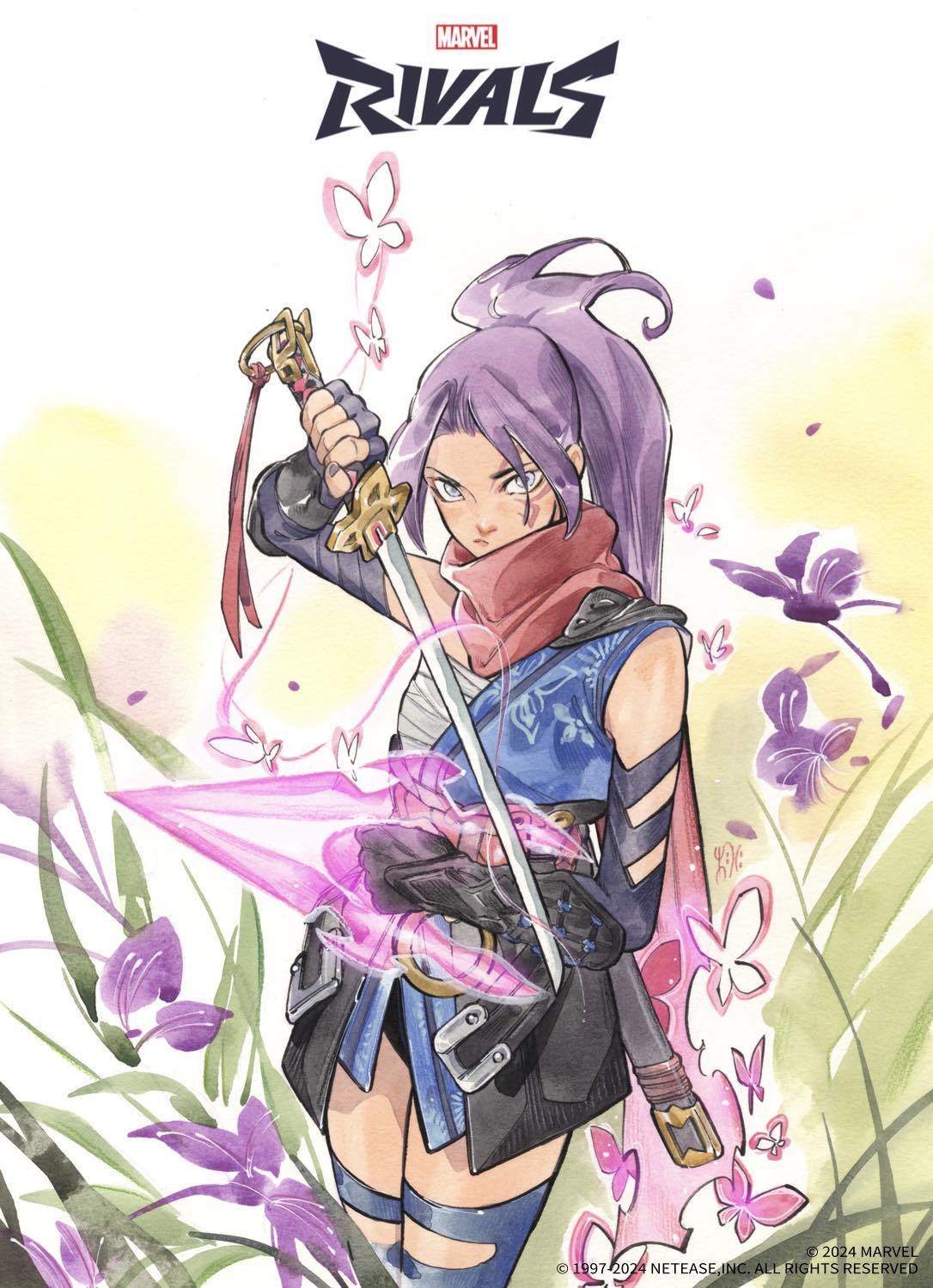 1girl, armor, black_skirt, blue_eyes, blue_kimono, blue_thighhighs, bug, butterfly