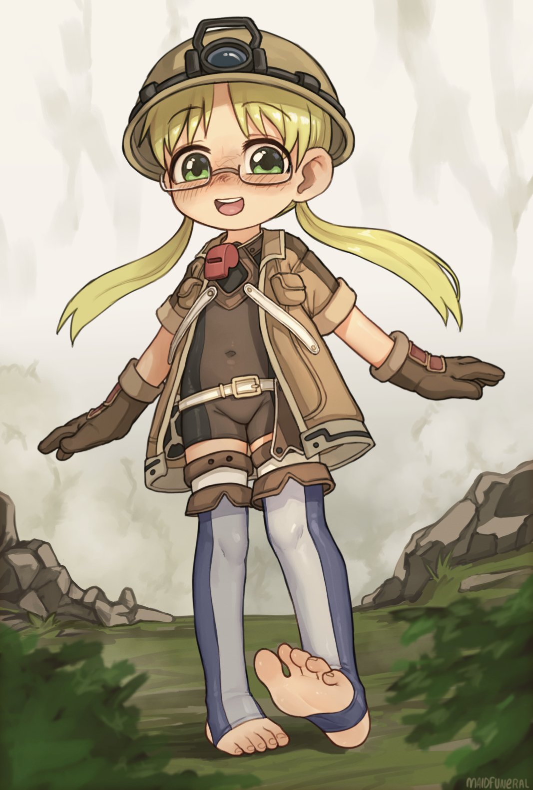 1girl, :d, artist_name, belt, blonde_hair, blush, brown_gloves, brown_jacket, feet, full_body, glasses, gloves, grass, green_eyes, hat, headlamp, helmet, highres, jacket, kneehighs, low_twintails, made_in_abyss, mining_helmet, open_clothes, open_jacket, open_mouth, riko_(made_in_abyss), rock, shirt, short_sleeves, smile, socks, soles, solo, standing, syrupmelty, teeth, thigh-highs, twintails, upper_teeth_only, whistle, whistle_around_neck