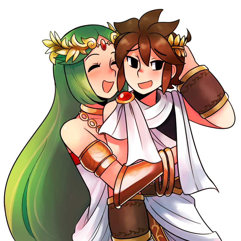 1boy, 1girl, ahoge, arm_behind_head, blush, brown_hair, chain, closed_eyes, diadem, gold_chain, hug, kid_icarus, kid_icarus_uprising, laurel_crown, long_hair, looking_to_the_side, palutena, pie_(aipiepo), pit_(kid_icarus), simple_background, smile, very_long_hair, white_background