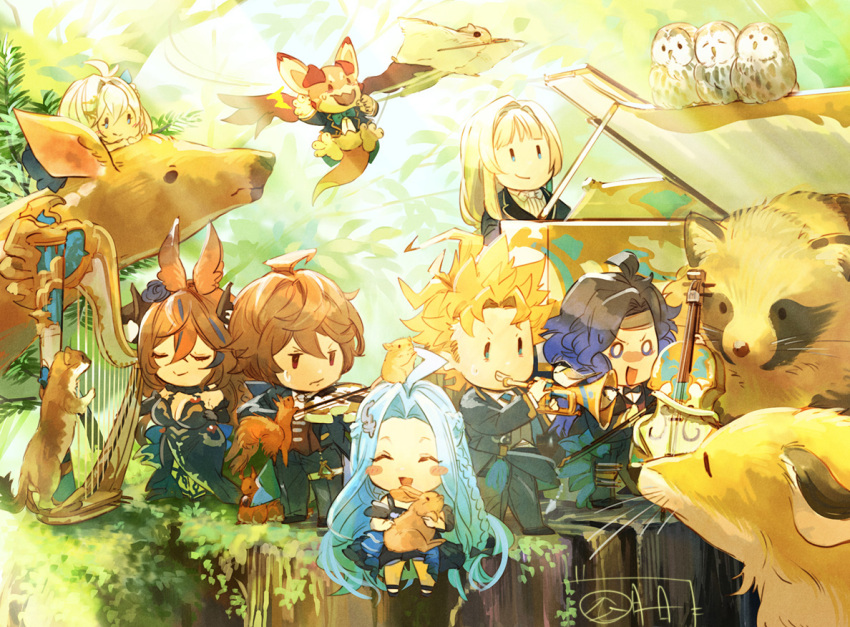 3girls, 5boys, ahoge, animal_ears, bandaged_head, bandages, bird, blonde_hair
