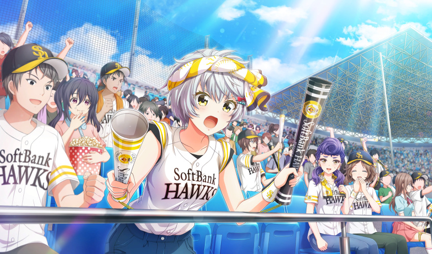 asahina_iroha, baseball_cap, baseball_stadium, baseball_uniform, black_hair, black_undershirt, blue_pants, blue_shorts