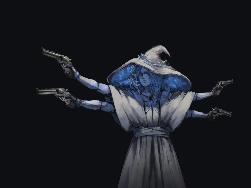 1girl, aiming, asianfissureman, black_background, blue_hair, blue_skin, cloak, colored_skin, commentary, cracked_skin, doll_joints, dress, elden_ring, extra_arms, extra_faces, gun, hat, highres, holding, holding_weapon, joints, large_hat, one_eye_closed, outstretched_arms, quadruple_wielding, ranni_the_witch, revolver, simple_background, solo, standing, upper_body, weapon, white_dress, witch, witch_hat