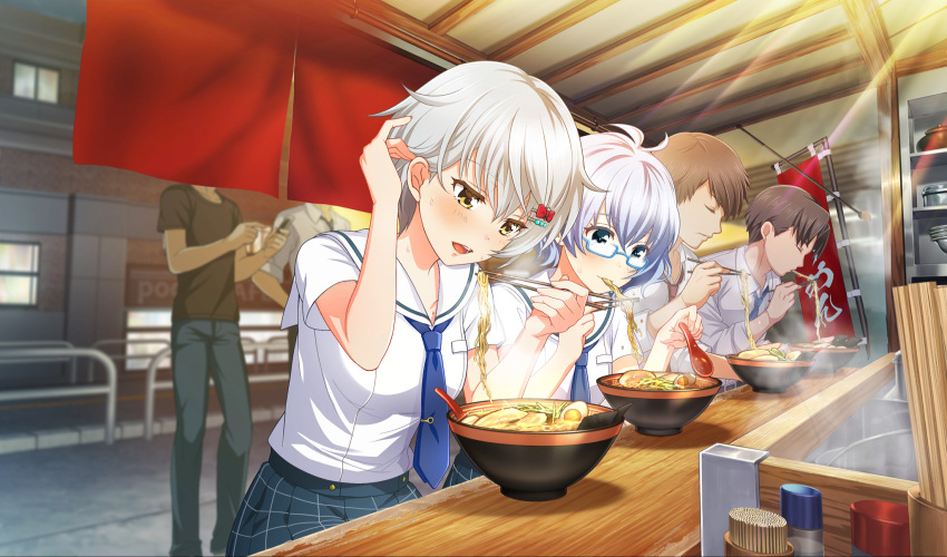 2girls, aqua_eyes, asahina_iroha, blue-framed_eyewear, blue_hair, blue_necktie, bow, char-siu