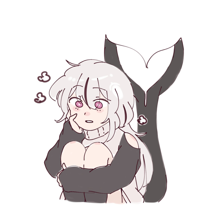 1girl, artist_self-insert, black_hair, blush_stickers, cetacean_tail, chonkyorca, clothing_cutout, commentary, cropped_legs, fins, fish_tail, grey_hair, grey_sweater, hair_between_eyes, hand_on_own_face, hand_up, highres, hugging_own_legs, knees_up, long_sleeves, multicolored_hair, orca_(chonkyorca), original, parted_lips, puffy_long_sleeves, puffy_sleeves, shoulder_cutout, simple_background, sleeves_past_wrists, solo, streaked_hair, sweater, symbol-only_commentary, tail, turtleneck, turtleneck_sweater, violet_eyes, white_background
