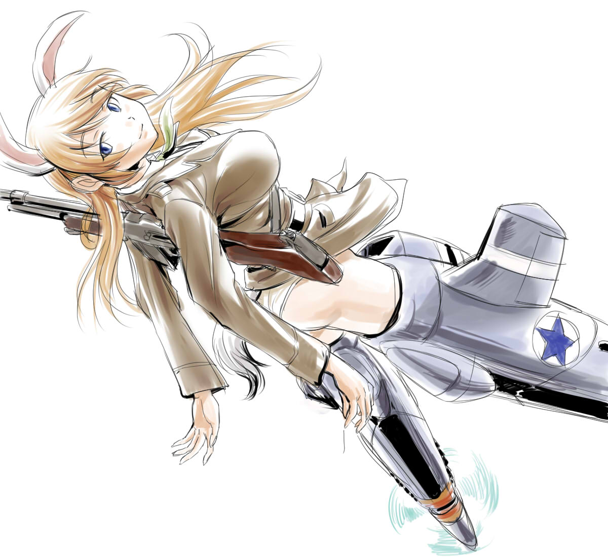 bar1918, blue_eyes, brown_hair, bunny_ears, charlotte_e_yeager, gun, long_hair, military
