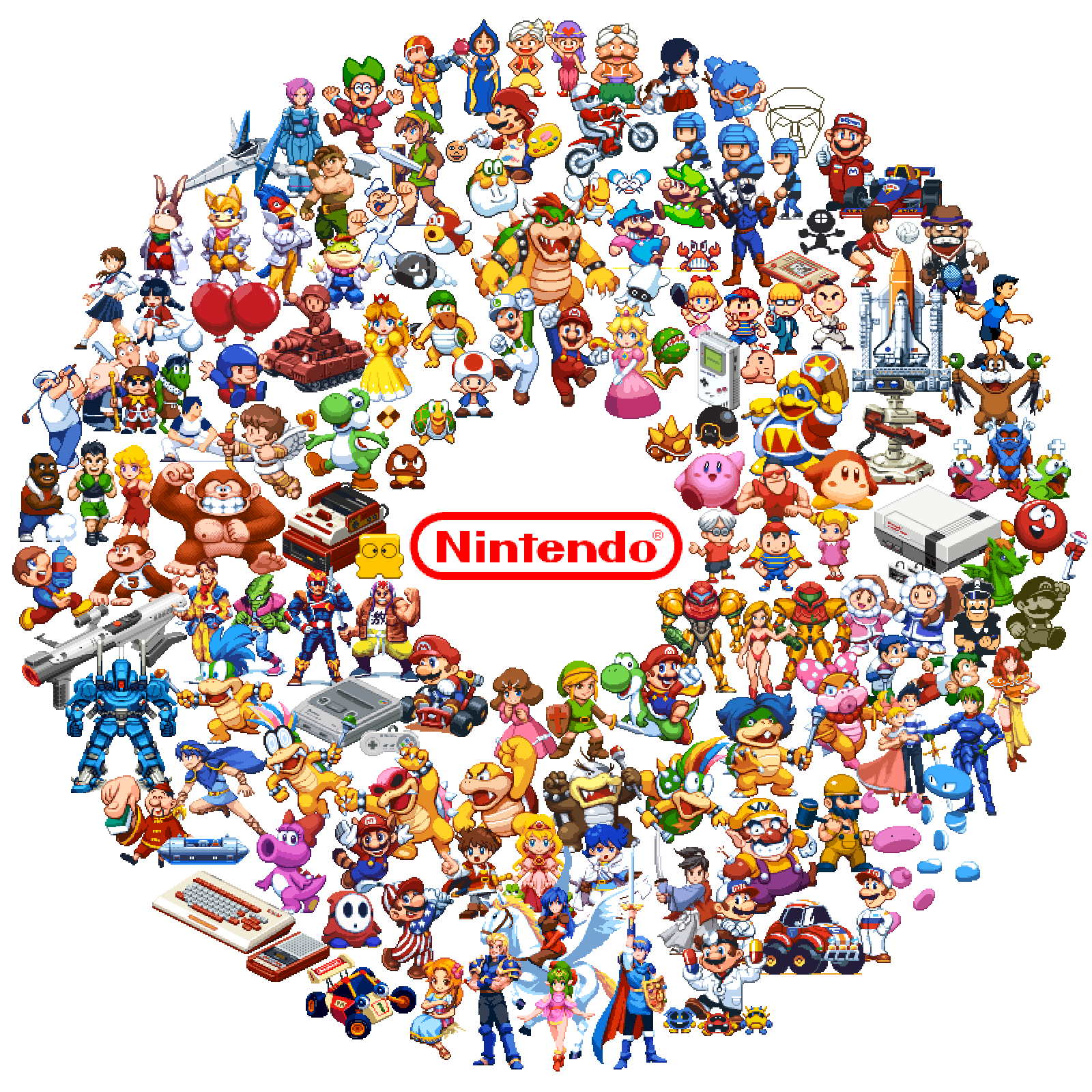 6+boys, 6+girls, absolutely_everyone, arwing, balloon_fight, captain_falcon, commentary_request, donkey_kong