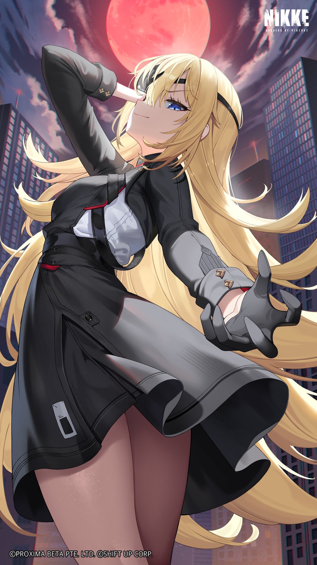 1girl, black_dress, black_gloves, blonde_hair, blue_eyes, chuunibyou, city, dress, extrinsic_(nikke), eyepatch, gloves, goddess_of_victory:_nikke, guillotine_(nikke), half_gloves, hand_over_eye, highres, long_hair, long_sleeves, looking_at_viewer, looking_down, military_uniform, moon, official_art, red_moon, ress, solo, spread_fingers, wavy_hair