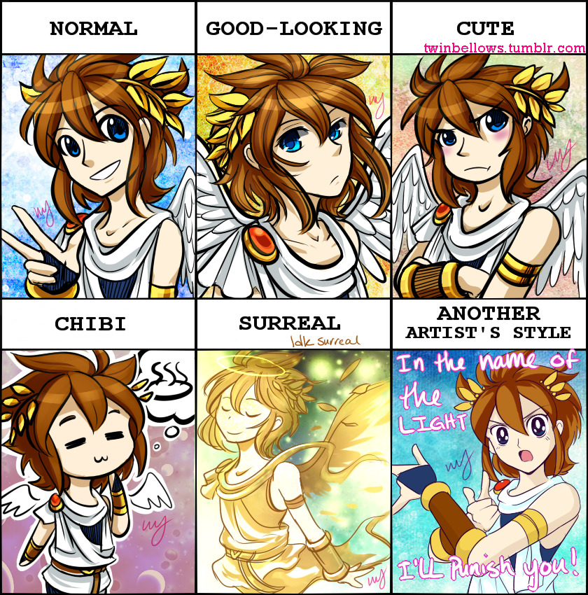 ahoge, angel, angel_wings, bishoujo_senshi_sailor_moon, bishoujo_senshi_sailor_moon_(first_season), blue_eyes, blush, chibi, chuiceturdz, collarbone, halo, kid_icarus, kid_icarus_uprising, laurel_crown, looking_at_viewer, male_focus, open_mouth, pit_(kid_icarus), signature, smile, tadano_kazuko_(style), tsuki_ni_kawatte_oshioki_yo, wings