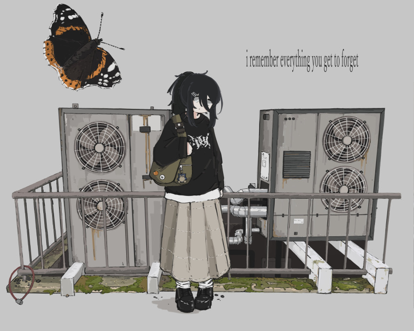 1girl, absurdres, badge, bag, bag_charm, black_hair, bug, butterfly
