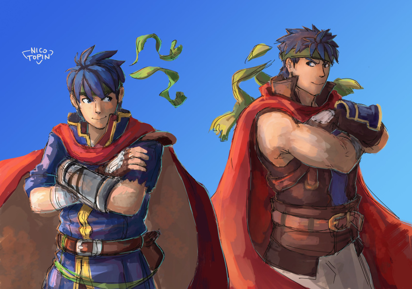 2boys, absurdres, age_comparison, artist_name, belt, blue_background, blue_eyes, blue_hair